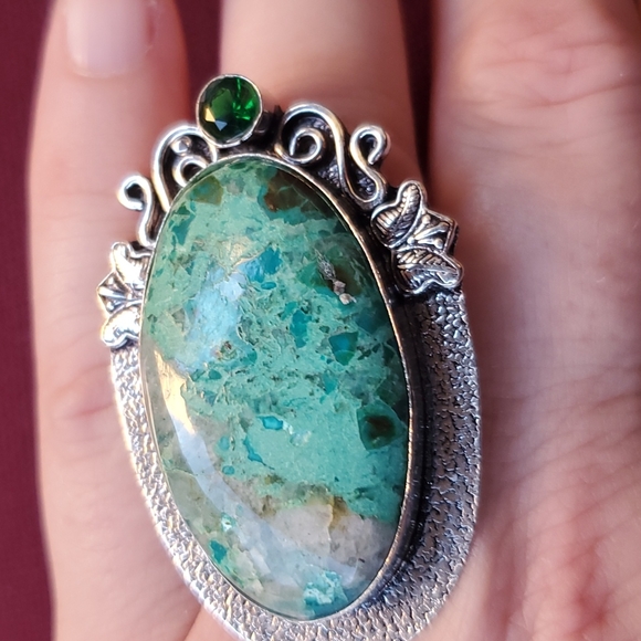 New Chrysocolla & Diopside 925 Silver Butterflies Statement Ring. - Picture 5 of 16